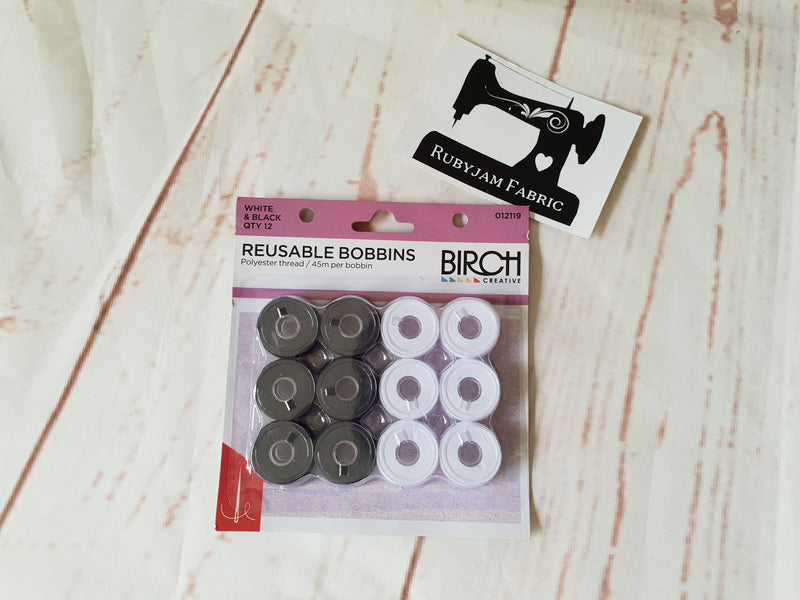 Birch pre-wound reusable bobbins mixed BLACK AND WHITE - pack of 12 - clearance