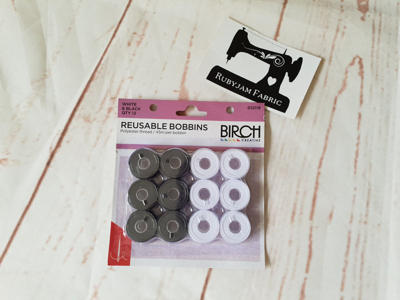 Birch pre-wound reusable bobbins mixed BLACK AND WHITE - pack of 12 - clearance