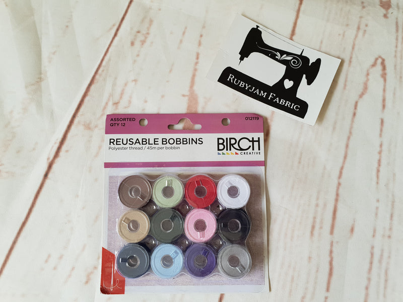 Birch pre-wound reusable bobbins MIXED COLOURS - pack of 12 - clearance