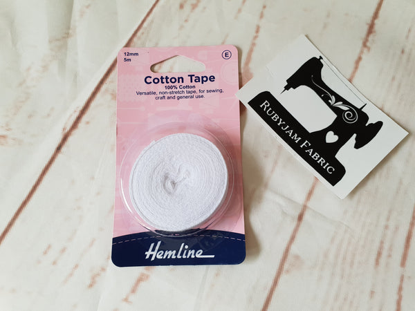 Hemline 12mm Cotton Tape - White - 5M roll - clearance