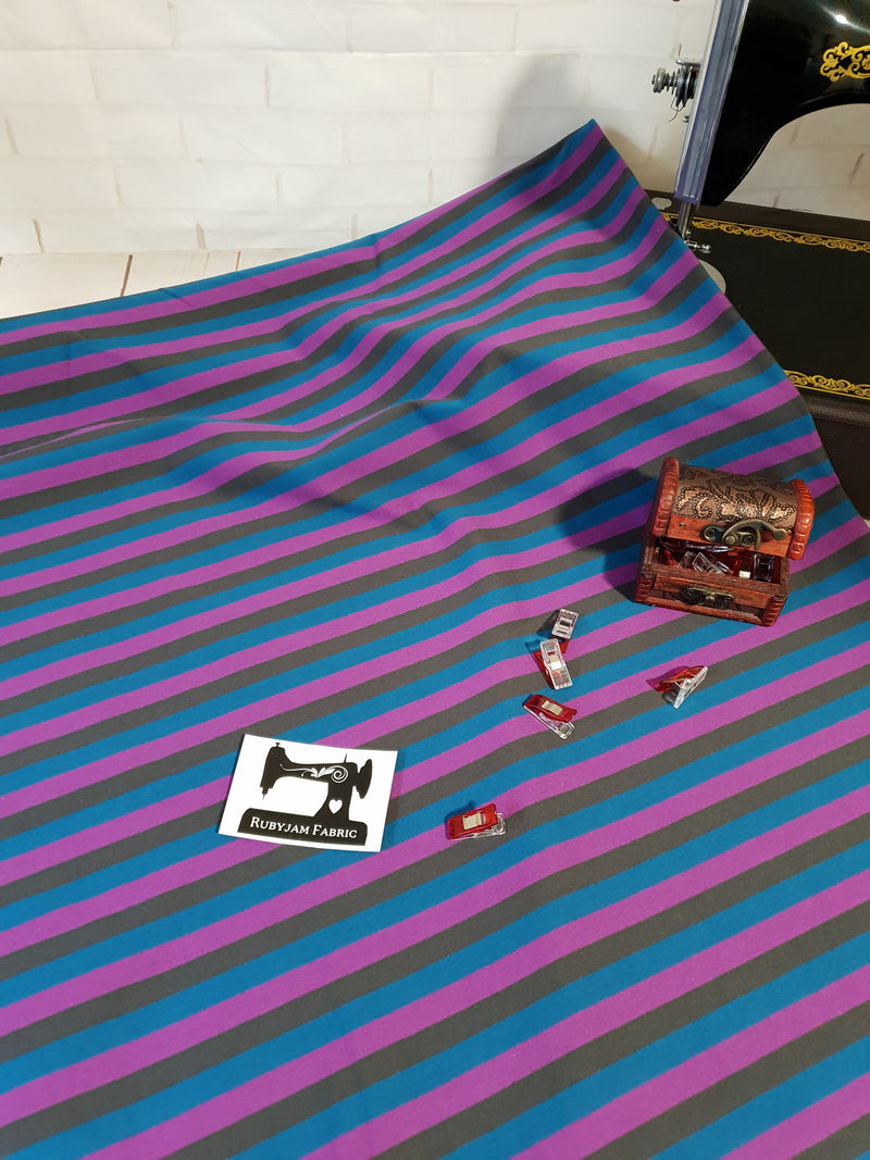 Wild Things (Teal/Purple/Charcoal) - Yarn Dyed Stripes - cotton lycra - 180cm wide