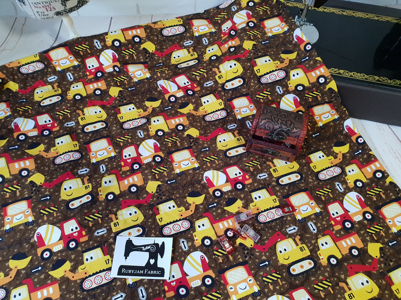 Digger Trucks - cotton lycra - 150cm wide