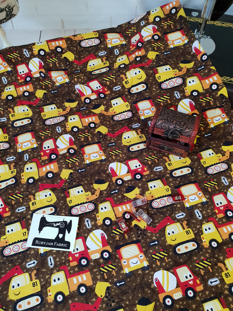 Digger Trucks - cotton lycra - 150cm wide