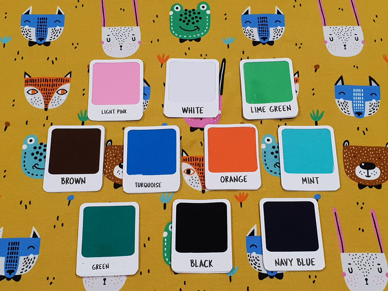 Woodland Animals on Mustard - cotton lycra - 150cm wide