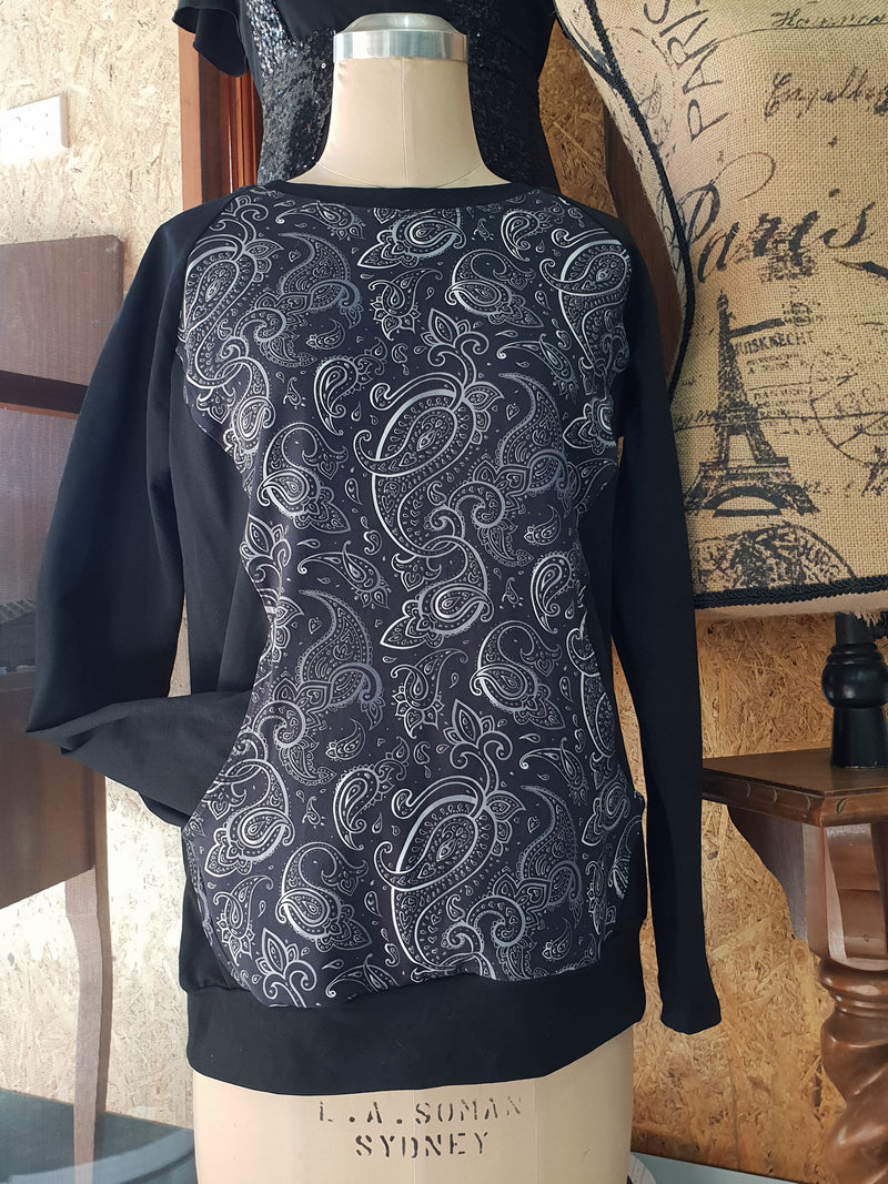 Black Silver Paisley - cotton lycra - 150cm wide