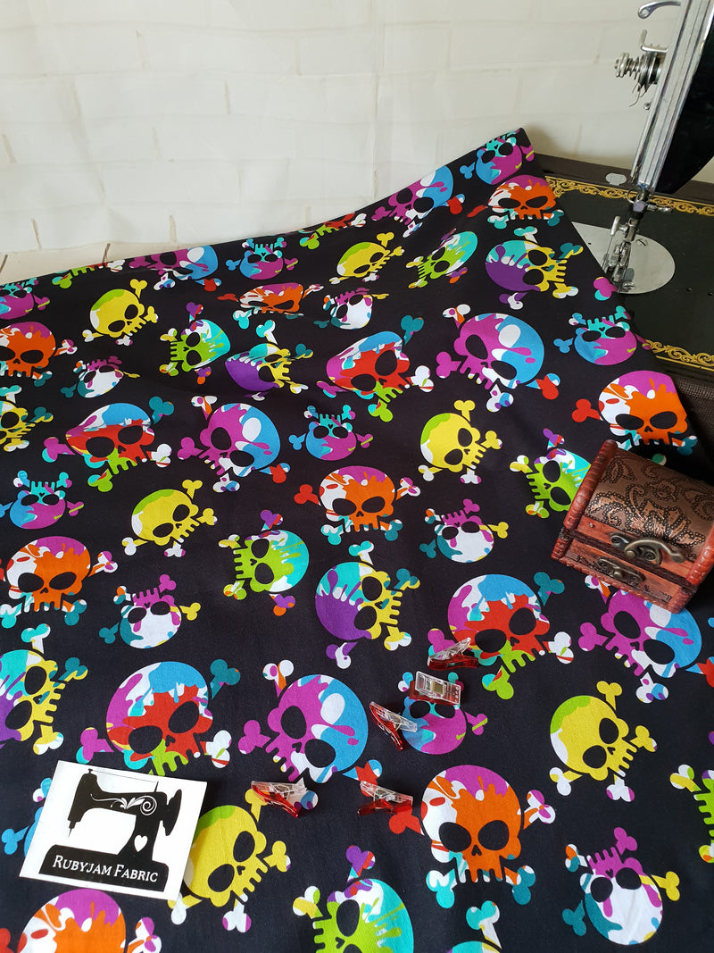 Brightly coloured skull printed cotton lycra jersey knit fabric. This stretch knit has a 4 way stretch.