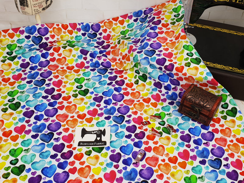Watercolour Rainbow Hearts WHITE - cotton lycra - 150cm wide