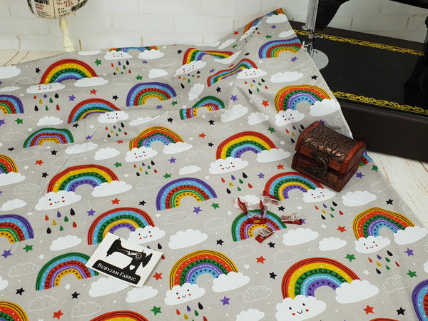 Rainbows on Grey - cotton lycra - 150cm wide
