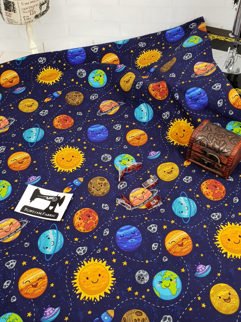 Happy Planets - cotton lycra - 150cm wide