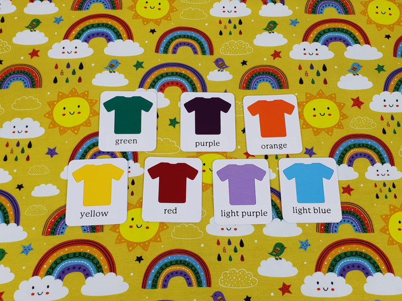 Rainbows on Yellow - cotton lycra - 150cm wide - clearance