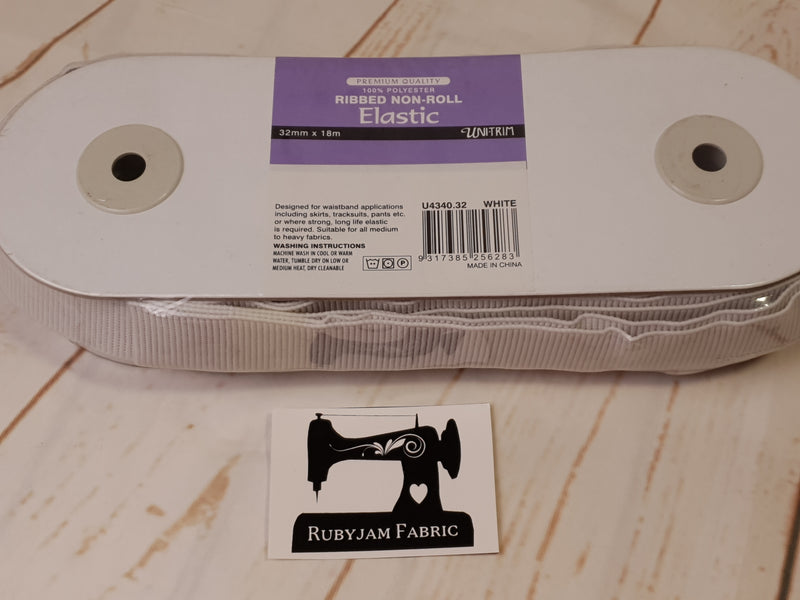 Uni-Trim 18M Ribbed Non-Roll White Elastic (32mm wide) - clearance
