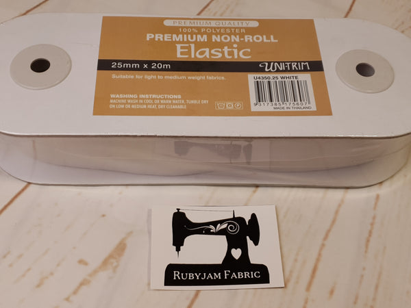 Uni-Trim 20M Premium Non-Roll White Elastic (25mm wide) - clearance