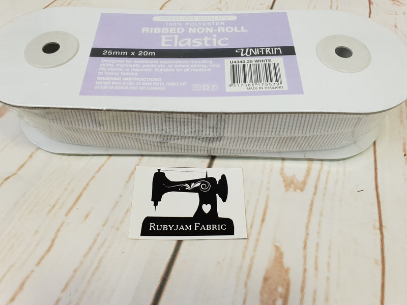Uni-Trim 20M Ribbed Non-Roll White Elastic (25mm wide) - clearance