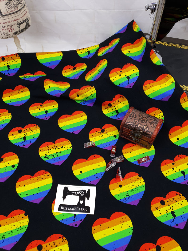 Grunge Pride Rainbow Hearts on Black - cotton lycra - 150cm wide - clearance