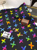 Rainbow Crosses on Black - cotton lycra - 150cm wide