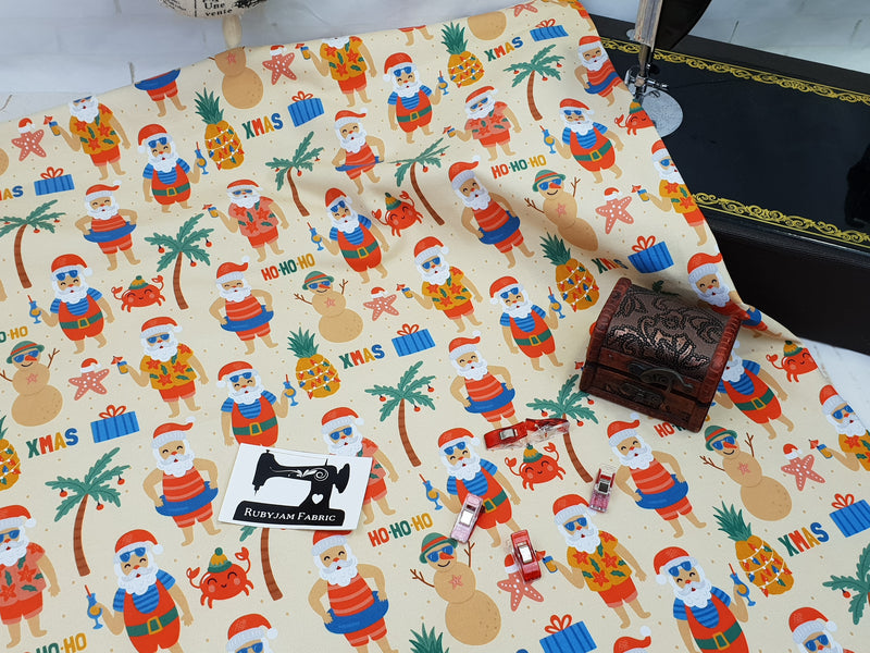 Christmas Beach Santa - cotton lycra - 150cm wide