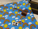 Happy Days, Rainbows on Blue - cotton lycra - 150cm wide