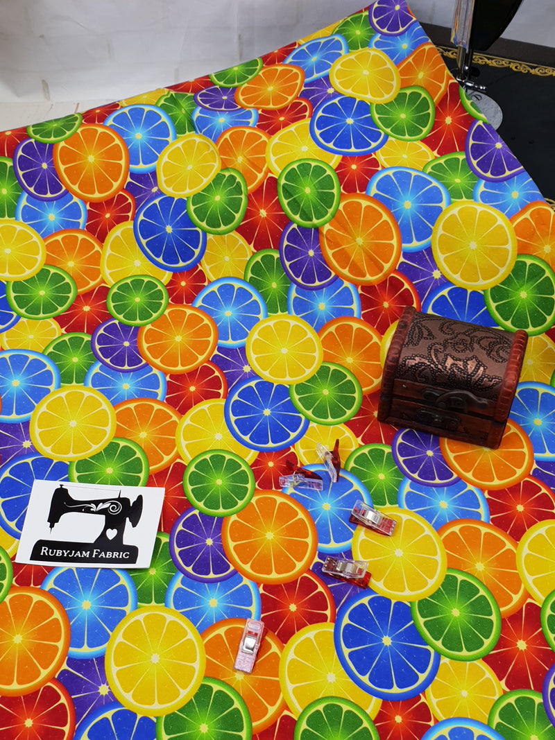 Bright Fruit - cotton lycra - 150cm wide - clearance