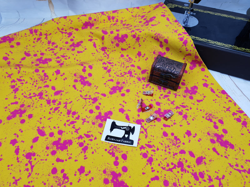 Yellow Pink Paint Splatter - cotton lycra - 150cm wide