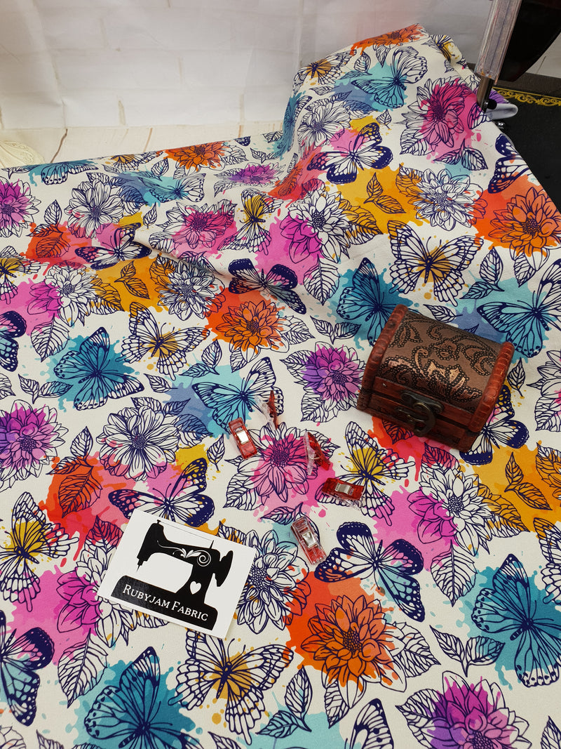 Painted Butterflies - cotton lycra - 150cm wide - clearance