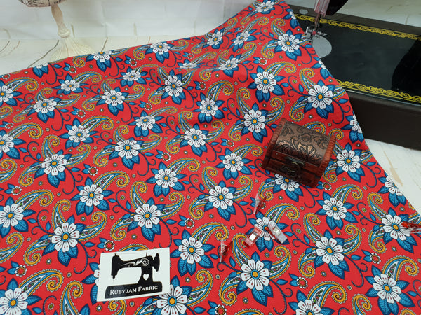 Red Paisley Flowers - cotton lycra - 150cm wide - clearance
