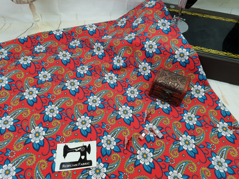 Red Paisley Flowers - cotton lycra - 150cm wide - clearance