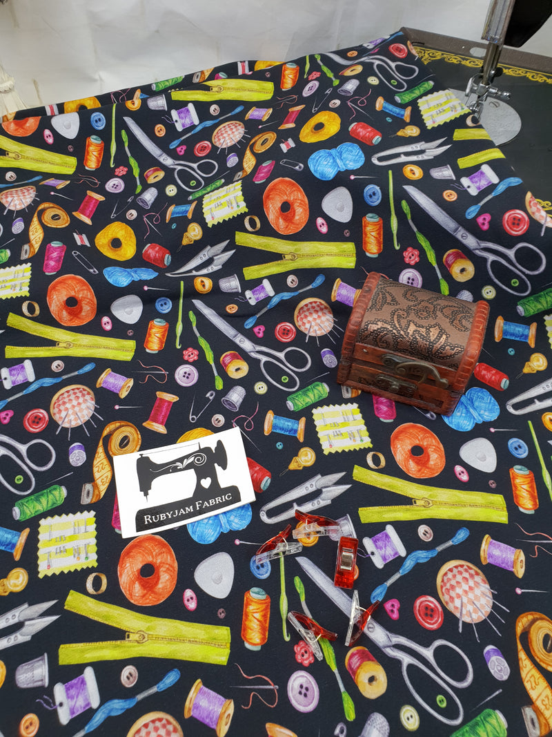 Sewing Notions on Black - cotton lycra - 150cm wide