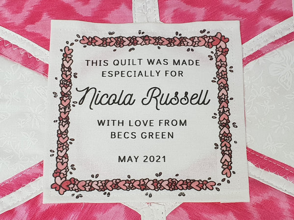Custom Made QUILT LABEL, organic quilting cotton, Style 17 - Heart Border