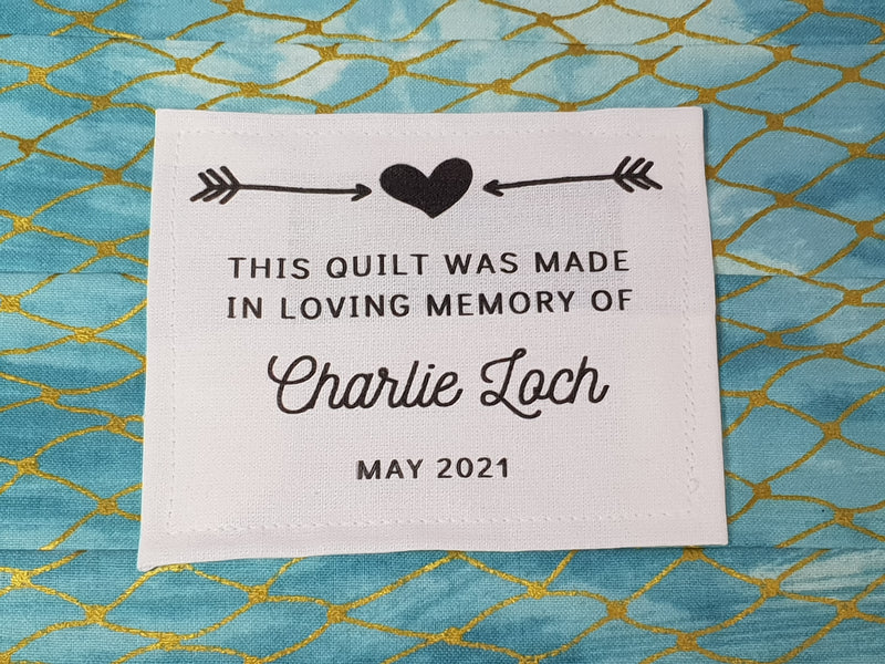 Custom Made QUILT LABEL, organic quilting cotton, Style 11 - In Memory
