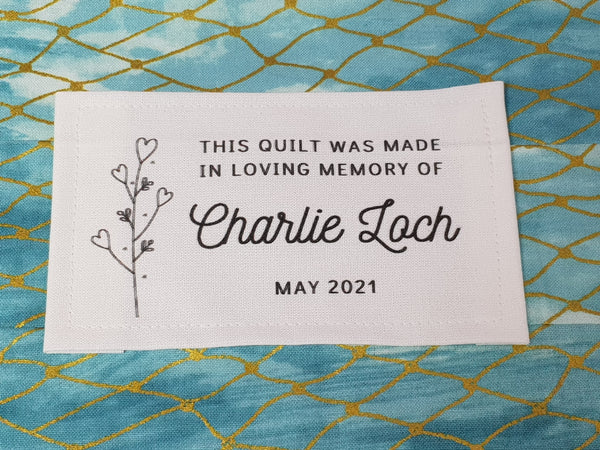 Custom Made QUILT LABEL, organic quilting cotton, Style 10 - In Memory