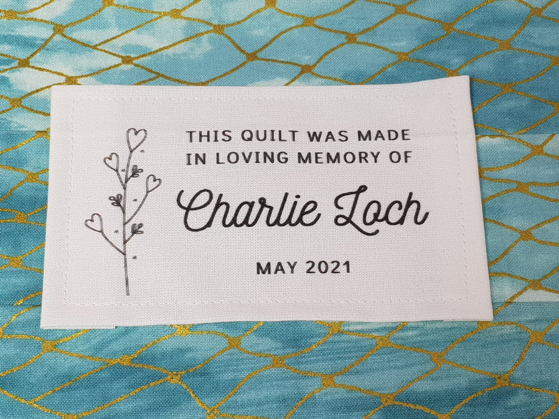 Custom Made QUILT LABEL, organic quilting cotton, Style 10 - In Memory