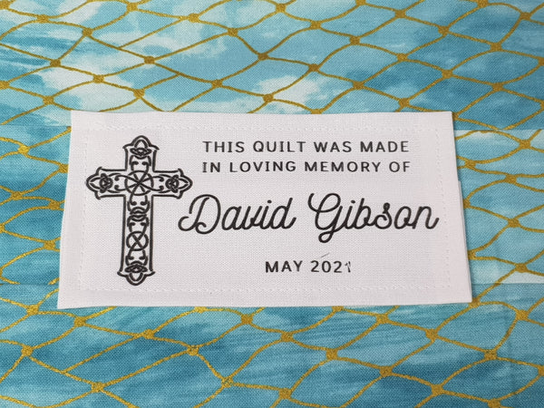 Custom Made QUILT LABEL, organic quilting cotton, Style 9 - In Memory