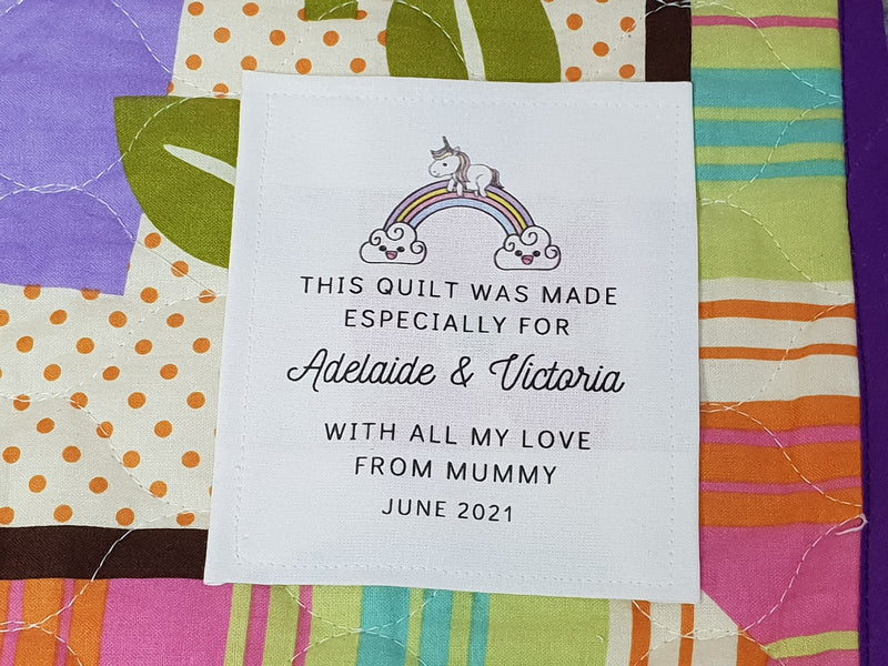 Custom Made QUILT LABEL, organic quilting cotton, Style 20 - Rainbow Unicorn