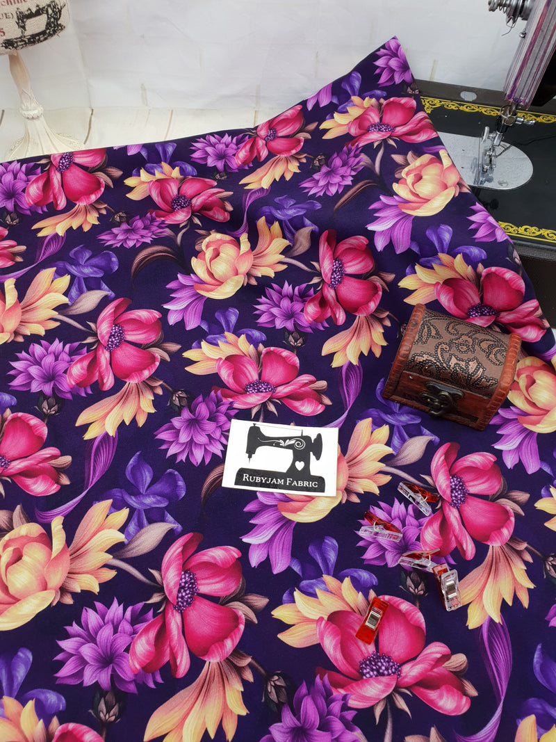 Purple Floral - cotton lycra - 150cm wide