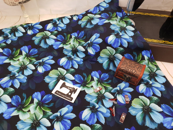 Blue Green Floral - cotton lycra - 150cm wide - clearance