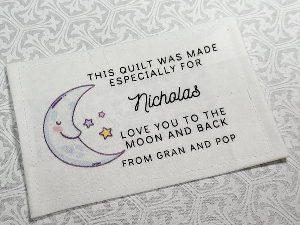 Custom Made QUILT LABEL, organic quilting cotton, Style 41 - Moon and Stars