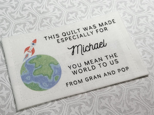 Custom Made QUILT LABEL, organic quilting cotton, Style 38 - Rocket & Earth