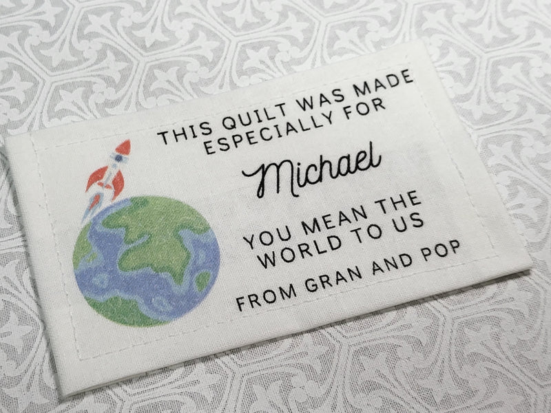 Custom Made QUILT LABEL, organic quilting cotton, Style 38 - Rocket & Earth