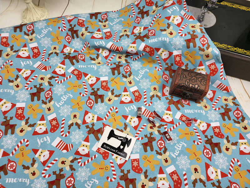 Christmas Santa Blue - cotton lycra - 150cm wide