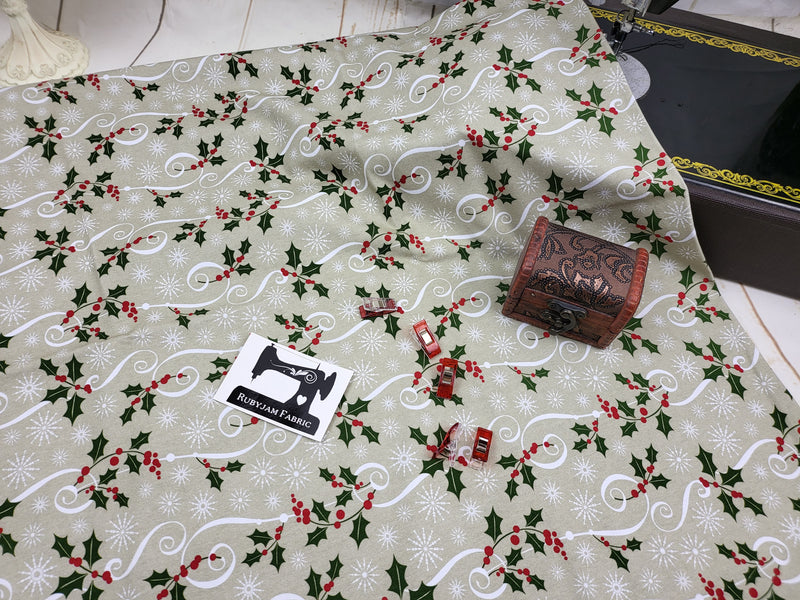 Christmas Holly - cotton lycra - 150cm wide - clearance