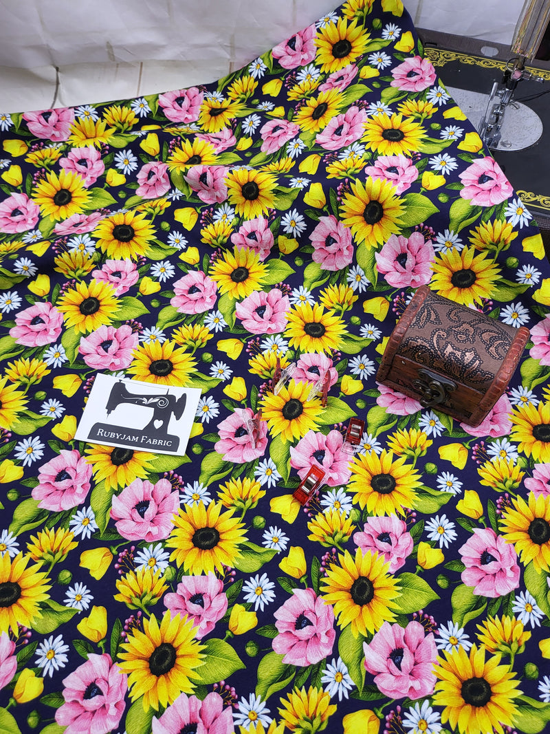 Sunflowers - cotton lycra - 150cm wide - clearance