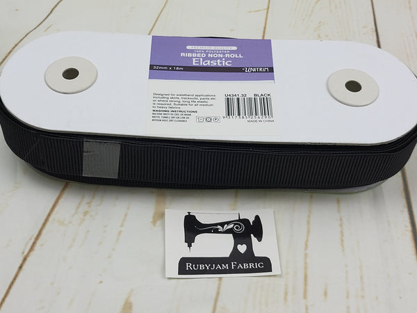 Uni-Trim 18M Ribbed Non-Roll Black Elastic (32mm wide) - clearance