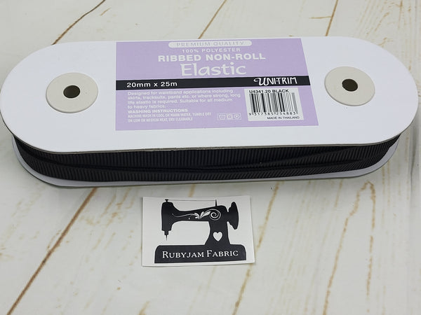 Uni-Trim 25M Ribbed Non-Roll Black Elastic (20mm wide) - clearance