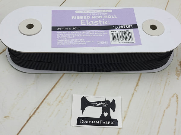 Uni-Trim 20M Ribbed Non-Roll Black Elastic (25mm wide) - clearance
