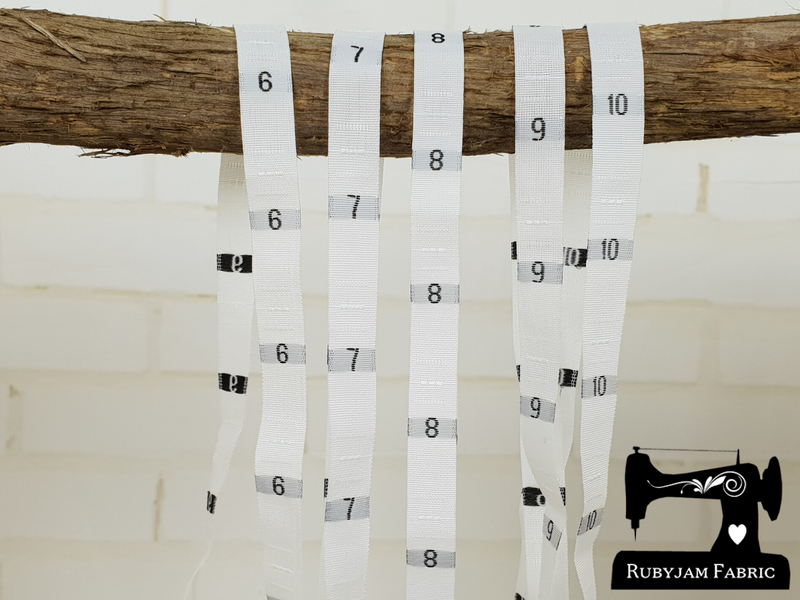 100 Pack of 6-7-8-9-10 size labels - WHITE woven, sew in