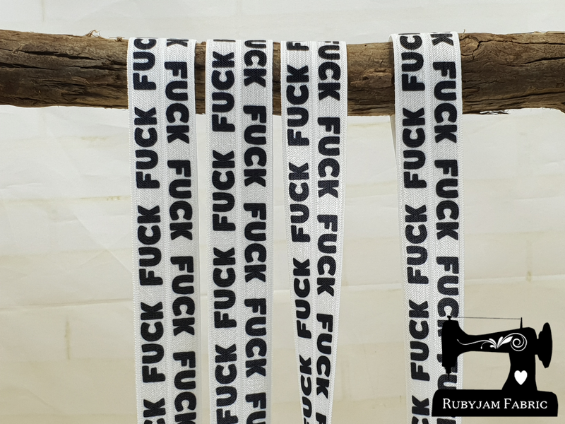 Black FUCK on White - Printed - 1" (25mm) - Fold Over Elastic (FOE)