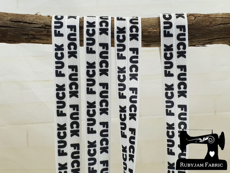 Black FUCK on White - Printed - 1" (25mm) - Fold Over Elastic (FOE) - clearance