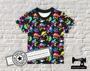 Brightly coloured skull printed cotton lycra jersey knit fabric. This stretch knit has a 4 way stretch.