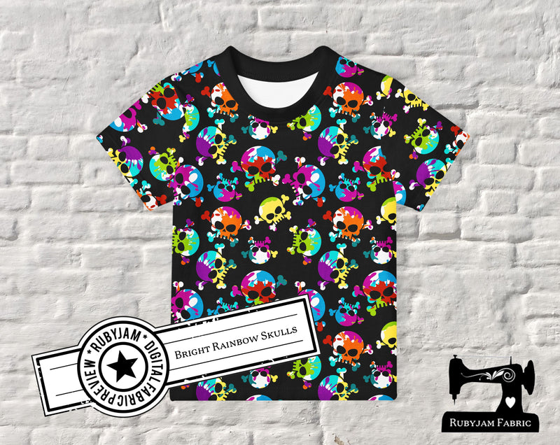 Brightly coloured skull printed cotton lycra jersey knit fabric. This stretch knit has a 4 way stretch.