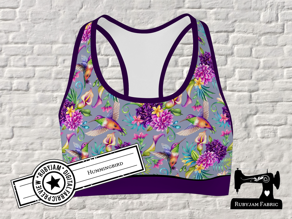 Hummingbirds on Grey, cotton lycra jersey knit fabric, 150cm wide ...